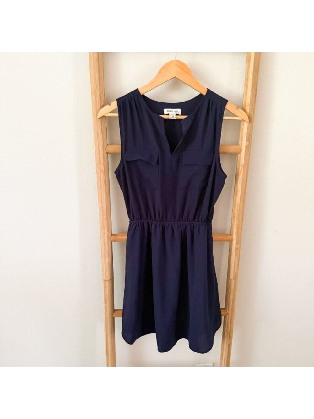 Monteau Navy Sleeveless Fit & Flare Dress V Neck Pocket Detail Medium